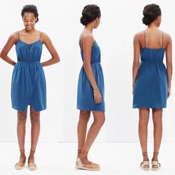 Madewell Navy Blue Sleeveless Casual Mini Dress Size 2 Small Silk Asymmetrical - Picture 3 of 7